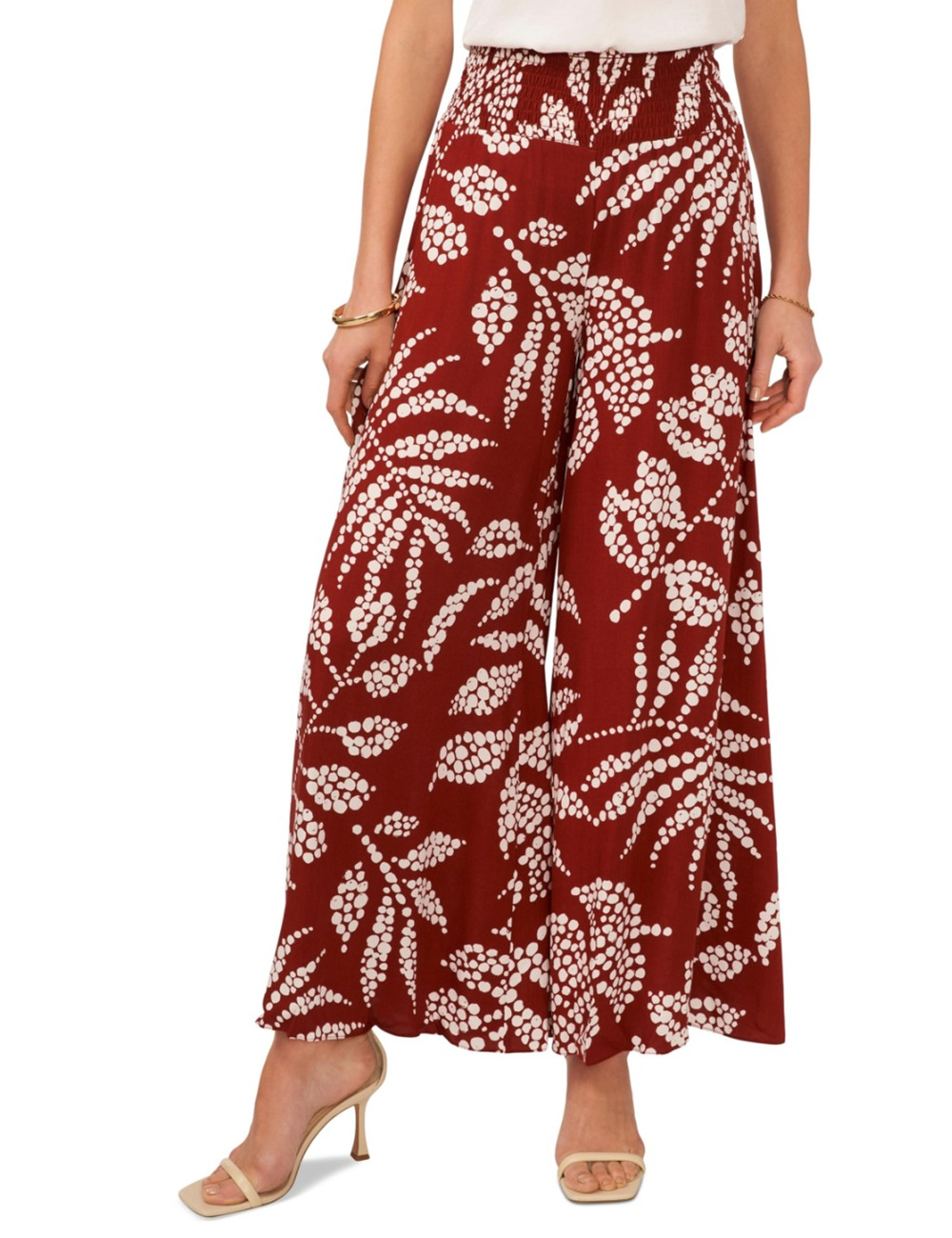 Vince Camuto Women Printed Smocked Waist Pull On Wide Leg Pants Rust Size L
